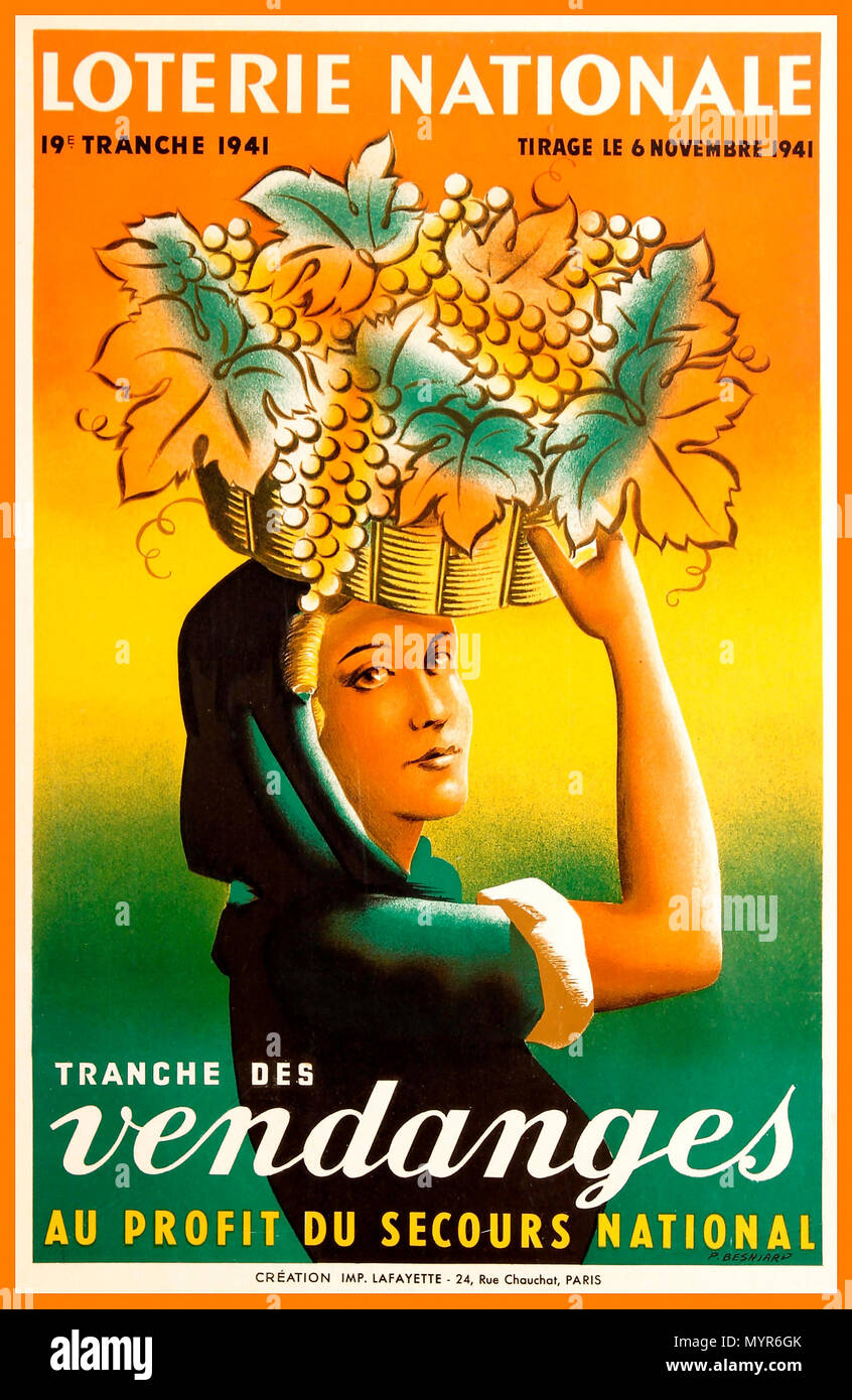 1940's French VENDANGES LOTERIE  Vintage advertising poster for the French National Lottery / Loterie Nationale 19th issue of 1941 - the harvest issue for the benefit of the national emergency of German Nazi occupation Colourful image of a lady carrying a basket on her head full of grapes  Designed and printed by Imp. Lafayette, Paris Stock Photo