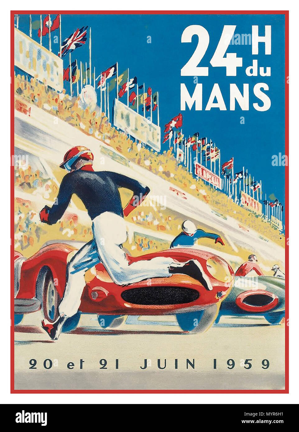 Vintage 1959 Le Mans motor racing poster 24 Hours du Mans lithograph 20/21st June 1959 Le Mans France with drivers running to cars traditional start Stock Photo