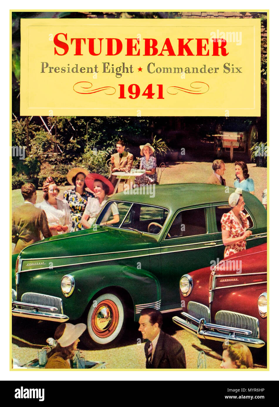 STUDEBAKER Vintage 1941 American Automobile poster press advertisement for "The Studebaker President Eight" 'Commander Six'  the premier automobile model manufactured by the Studebaker Corporation of South Bend, Indiana (US) from 1926-1942, the President received a new body style, a four-door sedan with rear-opening rear doors Stock Photo