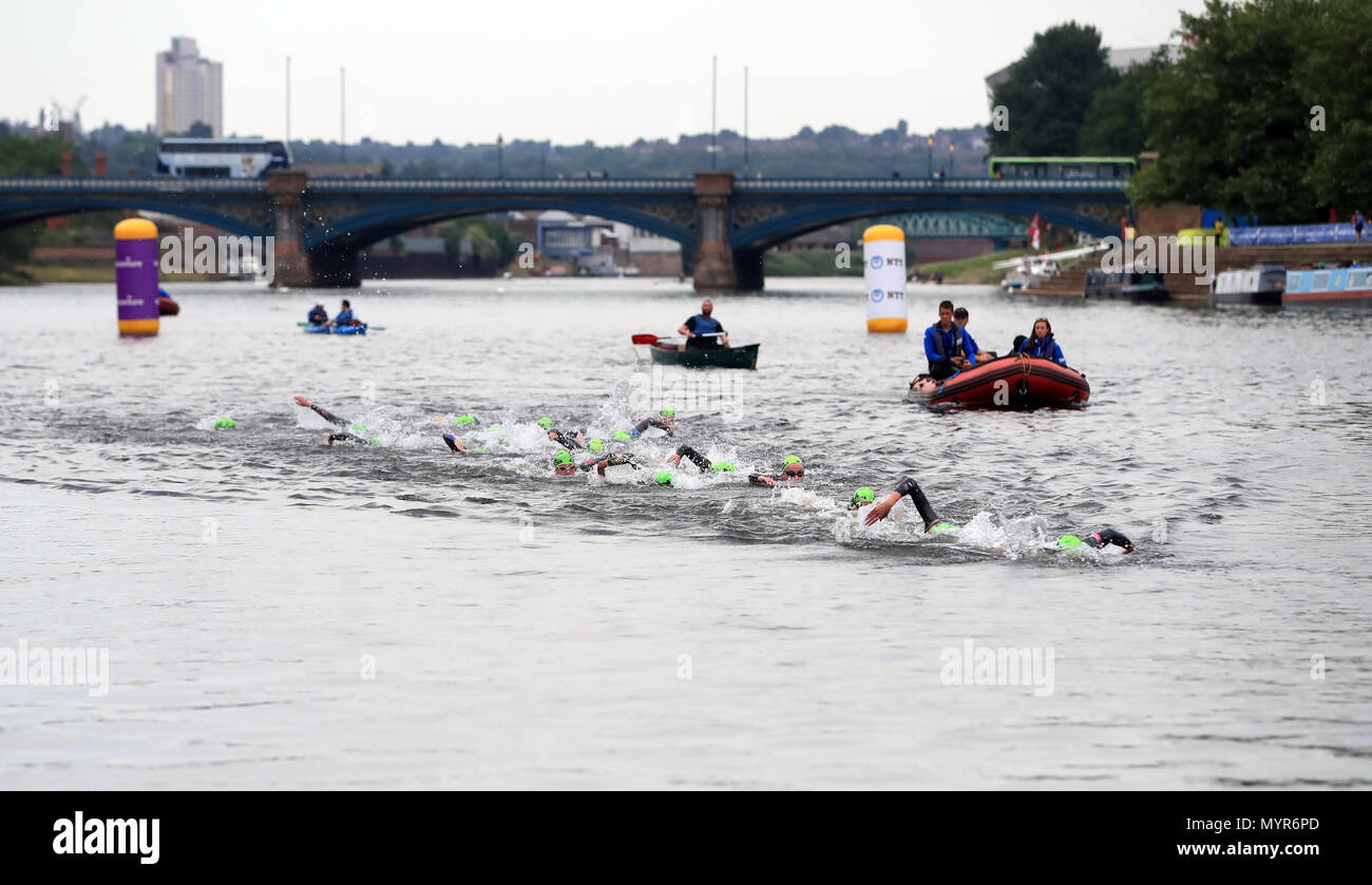 Competitors in the water during the first leg of the 2018 Accenture World Triathlon Mixed Relay Event in Nottingham. Stock Photo