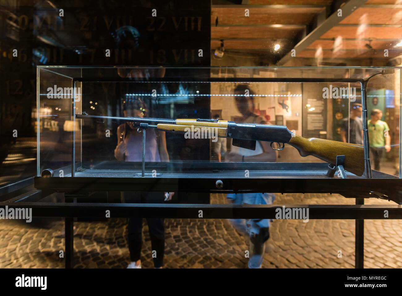 Warsaw Rising Museum, a rare Polish Maroszek 7.92mm rifle in a display case in the Warsaw Uprising Museum, Poland. Stock Photo