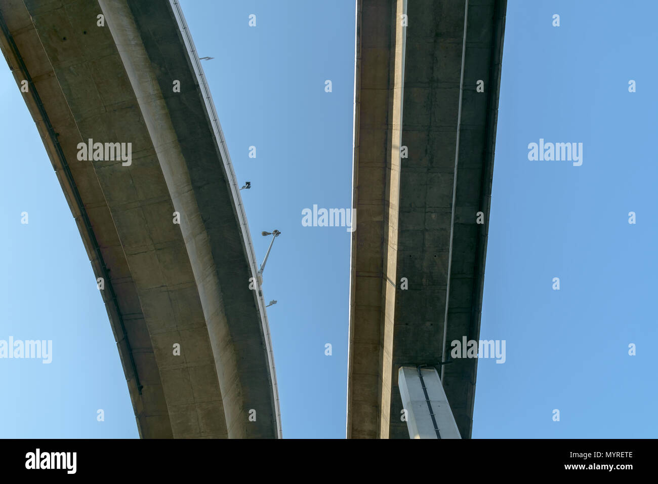 View of elevated expressway on blue sky background. Under view. Stock Photo