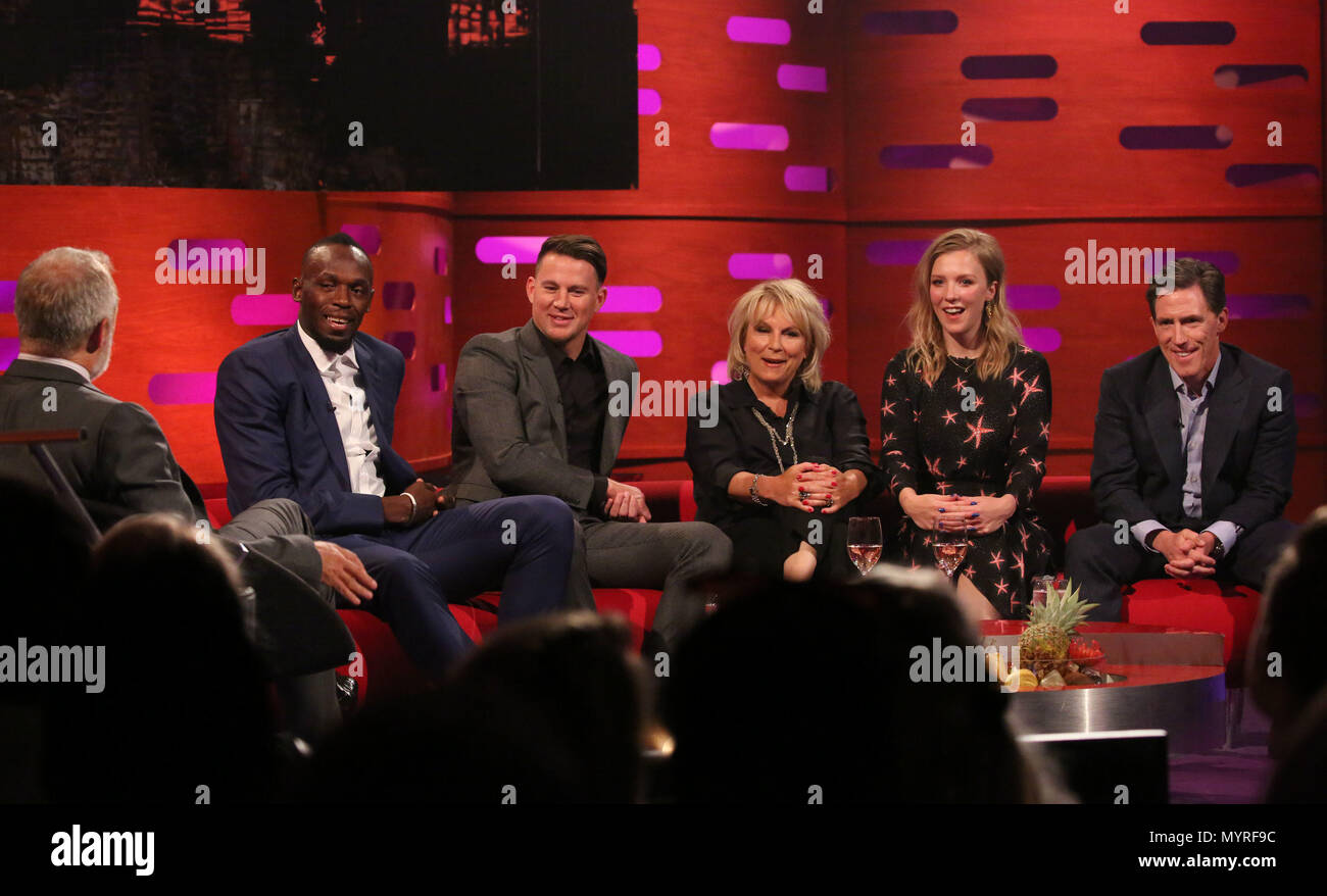 (left to right) Host Graham Norton, Usain Bolt, Channing Tatum, Jennifer Saunders, Beattie Edmondson and Rob Brydon during filming for the Graham Norton Show at BBC Studioworks in London, to be aired on BBC One on Friday. Stock Photo