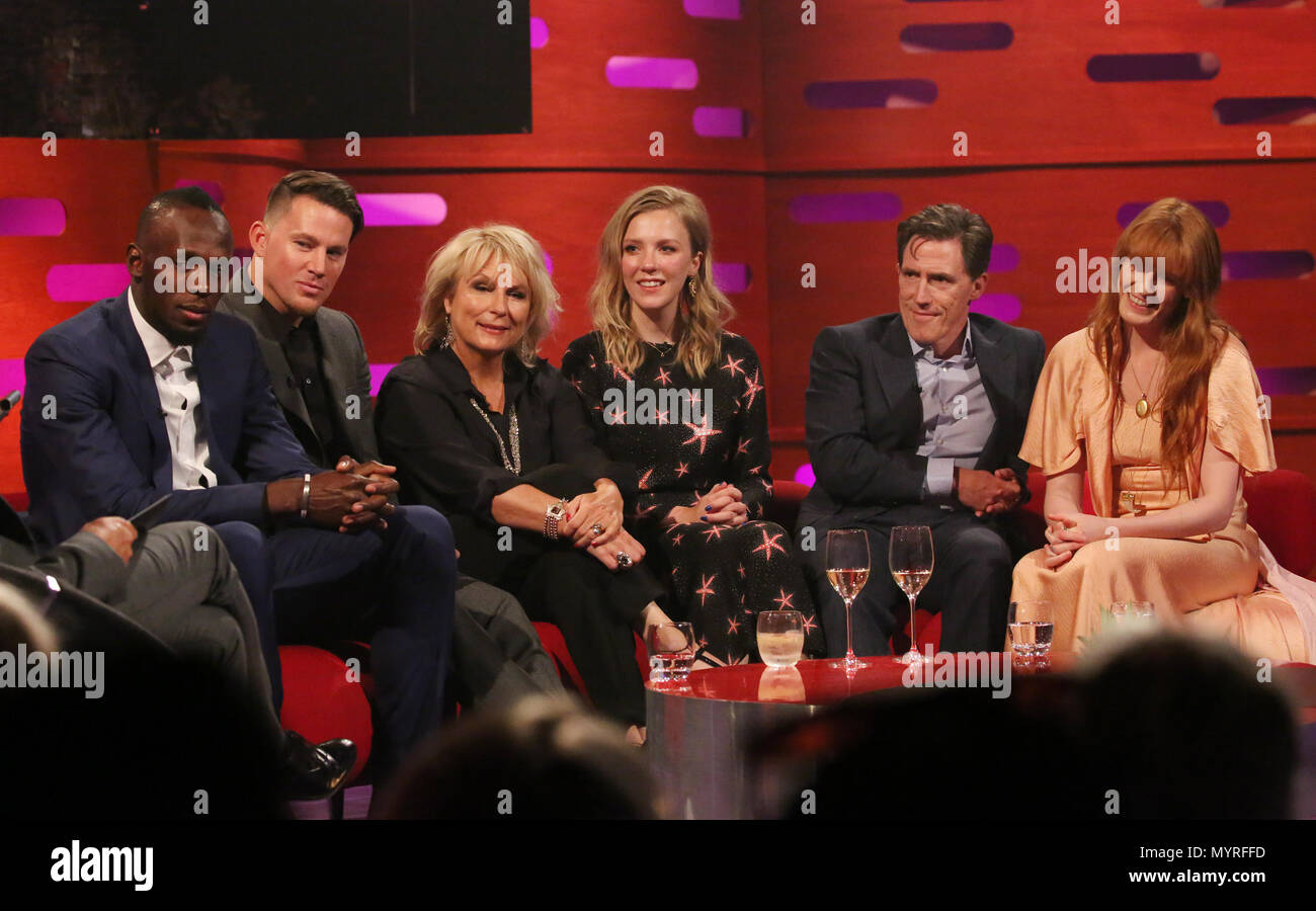 (left to right) Usain Bolt, Channing Tatum, Jennifer Saunders, Beattie Edmondson, Rob Brydon and Florence Welch during filming for the Graham Norton Show at BBC Studioworks in London, to be aired on BBC One on Friday. Stock Photo