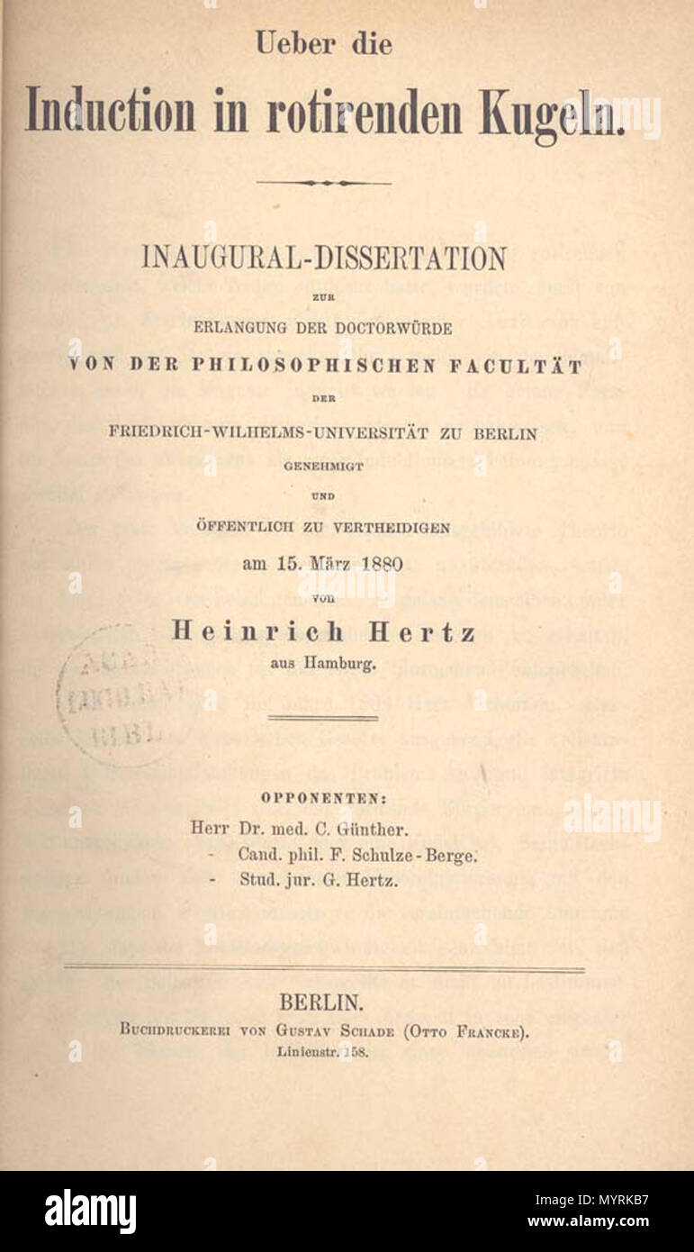 . English: Heinrich Hertz: Ueber die Induction in rotirenden Kugeln. Dissertation Berlin, 1880. Friedrich-Wilhelms-Universität, Berlin  . 1880. Heinrich Hertz (1857-1894) 48 Hertz1880 Stock Photo
