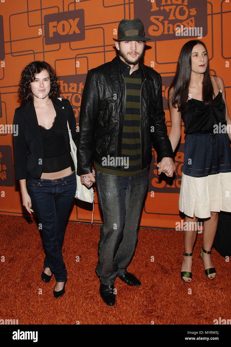 Ashton Kutcher with Demi Moore and daughter Rumore arriving at the That'  70' Show Final Party at the Tropicana at the Roosevelt Hotel Hotel in Los  Angeles.. May 6, 2006.13 KutcherAshton MooreD