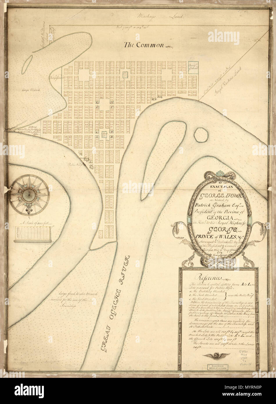 . English: Scale ca. 1:4,700. Manuscript, pen-and-ink and watercolor. Imperfect: Margins torn. Oriented with north to the bottom. Cadastral map. Shows town laid out in lots in a bend of 'Great Ogeche River' planned to become the capital of the province. In Feb. 1755 the name was changed to Hardwick, but the town never flourished, and passed out of existence. Includes descriptive index. LC Maps of North America, 1750-1789, 1572 Available also through the Library of Congress Web site as a raster image. Vault AACR2: 100  . An exact-plan of George-Town so named by Patrick Graham, Esqr., President  Stock Photo