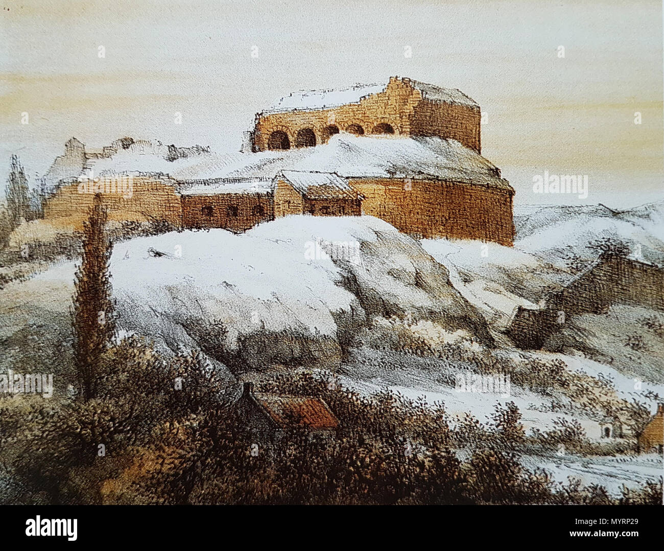 . English: Fortress Sint-Pieter in Maastricht in the snow, coloured lithograph by Alexander Schaepkens, 1857.  . 16 July 2016, 10:06:50. Alexander Schaepkens (1815–1899) 5 Besneeuwd Fort St-Pieter (A Schaepkens, 1857) Stock Photo