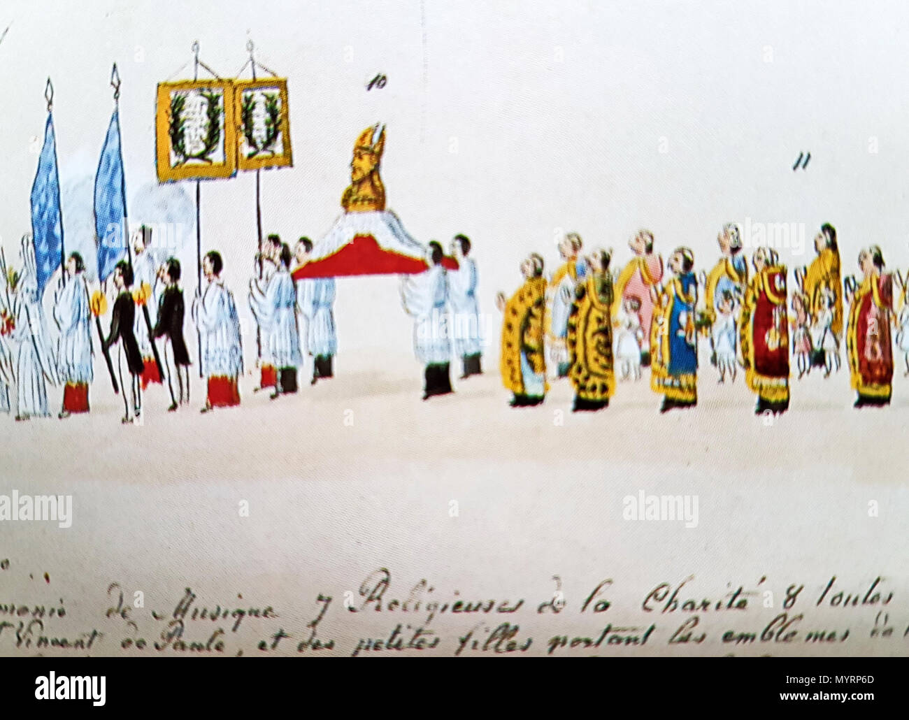 . English: Detail of the Saint Servatius procession at Vrijthof square in Maastricht, the Netherlands. Four acolytes carry the reliquary bust of Saint Servatius. The drawing is by local artist and amateur historian Philippe van Gulpen (1846).  . 16 July 2016, 10:28:17. Philippe van Gulpen (1792–1862) 21 Sint-Servaasprocessie op het Vrijthof, Maastricht (detail tekening Ph v Gulpen, 1846) -2 Stock Photo