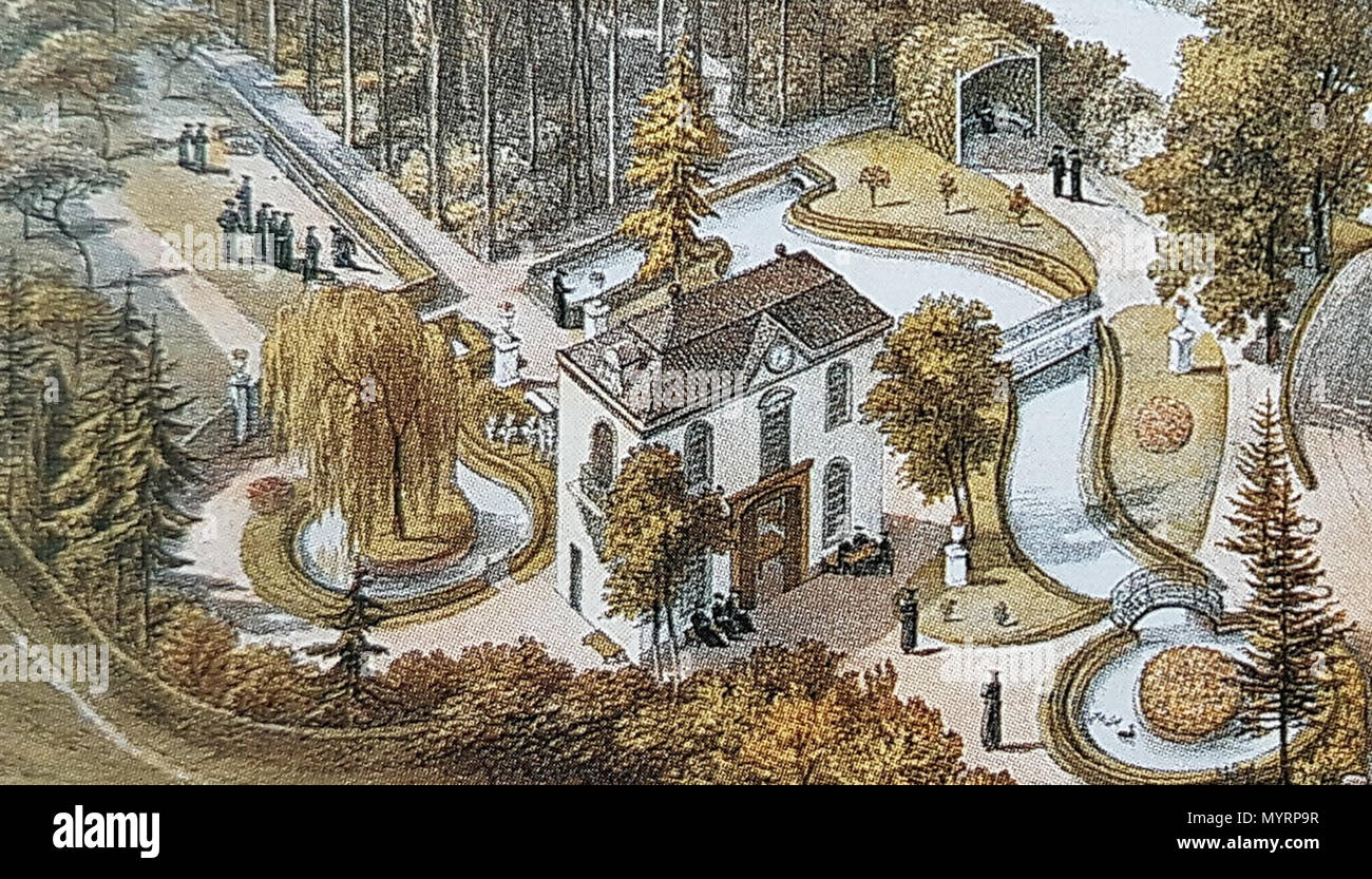 . English: Bird view of Villa Canne near the river Jeker in Maastricht, the Netherlands. Detail of a print that was made by an unknown artist for an album that Petrus Regout - owner of the villa - had put together in 1865/66 for family and friends. The villa and its gardens were at that time used by the Maastricht Jesuits as a rest centre.  . 16 July 2016, 10:35:52. Unknown artist, 1865 25 Villa Canne &amp; omgeving (album P Regout, 1865) (cropped) Stock Photo