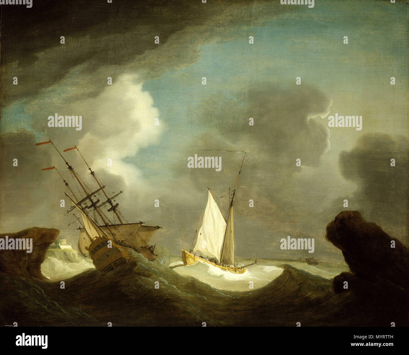 .  English: An Indiaman and a Royal Yacht in a Storm off a Rocky Coast with a Castle An interpretation of a storm scene depicting a ship of the Honourable East India Company and a gaff-rigged royal yacht. They are being tossed in a stormy sea, under a lowering sky to the left. The Indiaman is depicted pitched at an angle, stern visible and slightly to starboard, with its sails lowered and rocks close by on the left. Land and a fortification is visible in the distance to the left, possibly one of the Channel Islands, Monamy's family home. The darkness of the sea in the foreground is relieved by Stock Photo