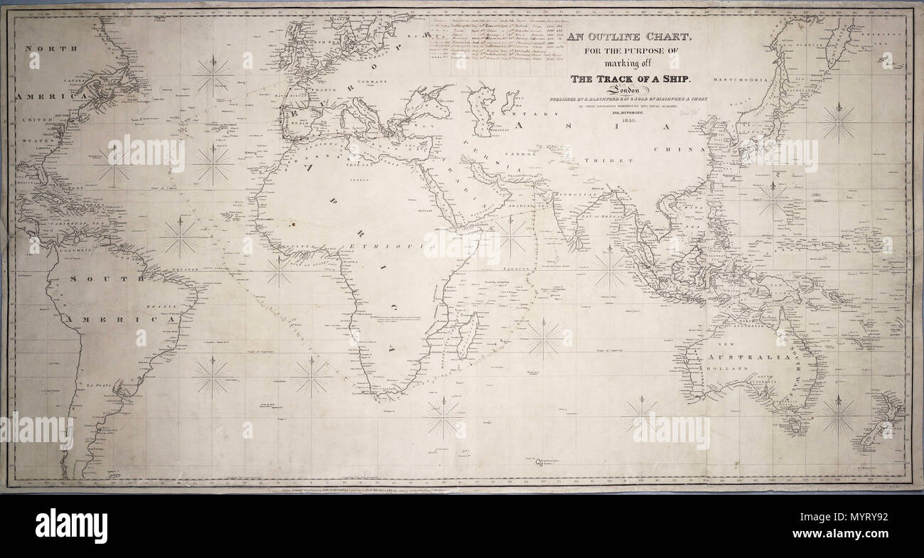 .  English: An outline chart, for the purpose of marking off the track of a ship.Single sheet, engraving. 2 leaves joined on blue paper backing, further backed with linen. The backing is now separated from the chart to facilitate display. Ships' tracks are drawn on the chart and there is a table of ship and voyage details beside the title. On the back of the chart there are four columns of text recording a voyage outbound to India in 1852 and a return voyage in 1855, noting incidents including deaths, dancing, and the loss of the Colonel's dog overboard. G201:8/8r An outline chart, anon  . 184 Stock Photo