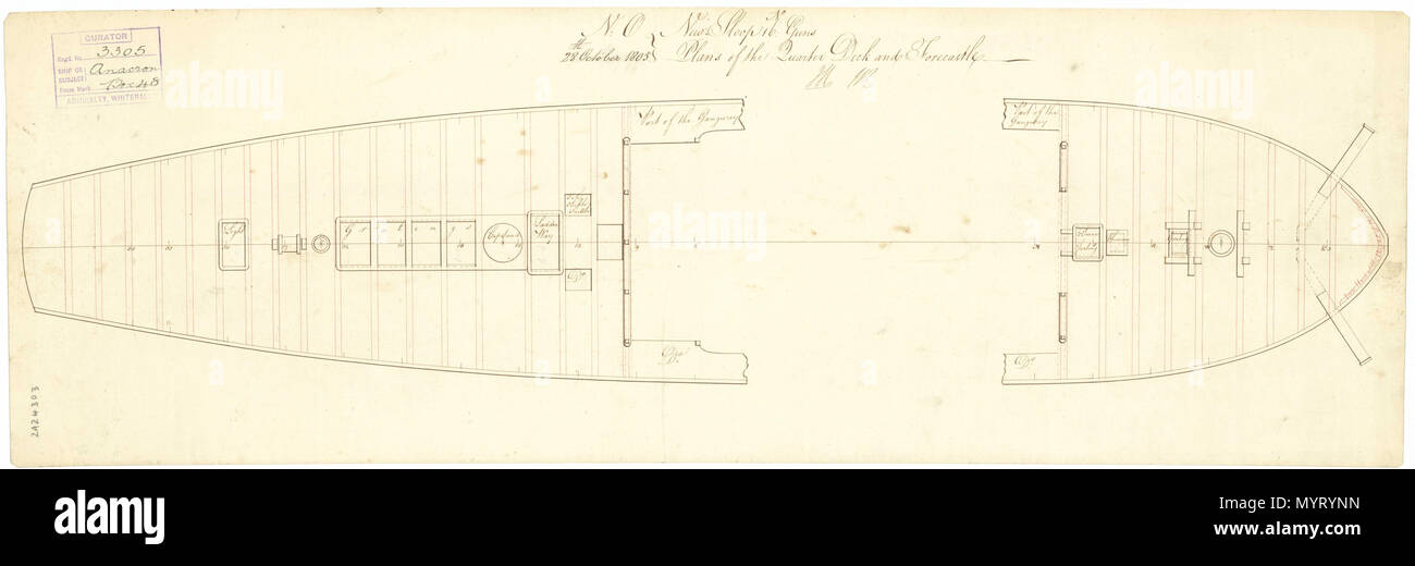 .  English: Anacreon (1813) Scale: 1:48. Plan showing the quarterdeck and forecastle for building the Anacreon (1813), a 16-gun (later 22-gun) Ship Sloop. Initialled by William Rule [Surveyor of the Navy, 1793-1813] and John Henslow [Surveyor of the Navy, 1784-1806]. ANACREON 1813 354 Anacreon (1813) RMG J4542 Stock Photo