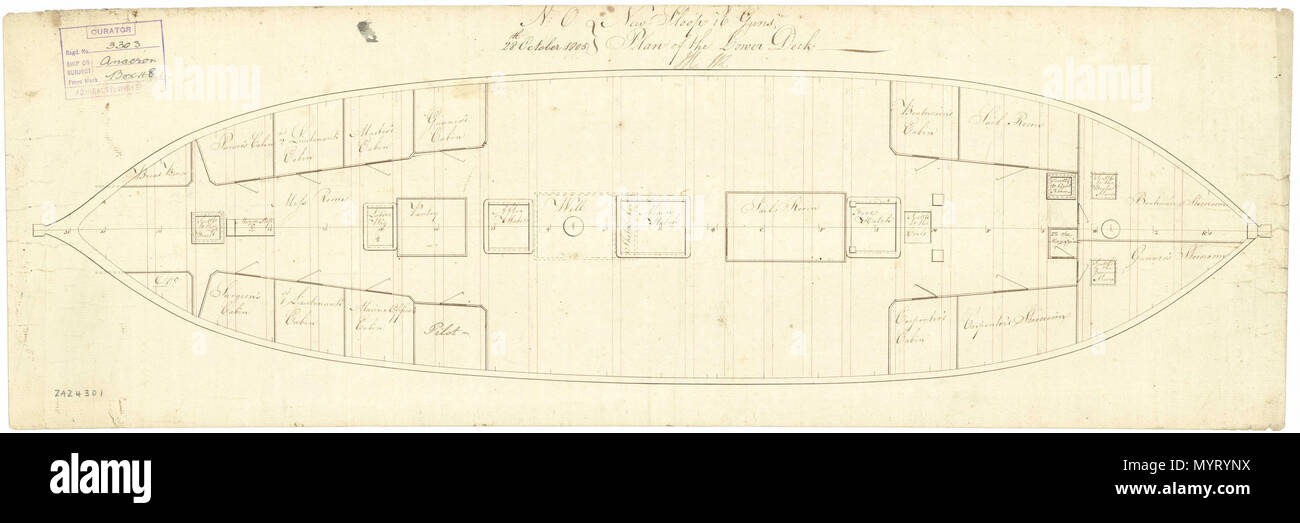 .  English: Anacreon (1813) Scale: 1:48. Plan showing the lower deck for building the Anacreon (1813), a 16-gun (later 22-gun) Ship Sloop. Initialled by William Rule [Surveyor of the Navy, 1793-1813] and John Henslow [Surveyor of the Navy, 1784-1806]. ANACREON 1813 354 Anacreon (1813) RMG J4546 Stock Photo