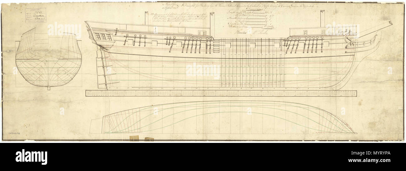.  English: Anacreon (1813) Scale: 1:48. Plan showing the body plan, sheer lines with midship framing, and longitudinal half-breadth for building Anacreon (1813), a 16-gun (later 22-gun) Ship Sloop. The vessel was originally started by Thomas Sutton before being declared bankrupt in 1810 and the ship taken apart and moved to Plymouth Dockyard for completion. Signed by John Henslow [Surveyor of the Navy, 1806-1822] and William Rule [Surveyor of the Navy, 1793-1813]. ANACREON 1813 354 Anacreon (1813) RMG J4548 Stock Photo