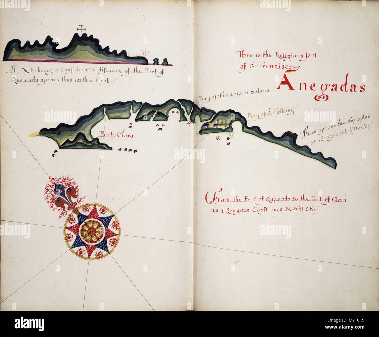 .  English: AnegadasBound sheet. Col. ms. Additional Places: Colombia, San Francisco Solano. Bound in 'A Wagoner of the South Sea describeing the sea coast from acapulco to Albemarle isle', an English translation of a Spanish derrotero captured from the Spanish ship 'Rosario' by Captain Bartholomew Sharpe in 1680. Hack made multiple copies of this atlas. This one was presented to James II. P/33(55) Anagadas, Hack  . 1685. Hack, William 358 Anegadas RMG F1853 Stock Photo