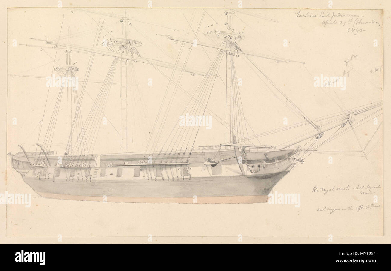 .  English: Annotated drawing of 'Larkins East Indiaman, April 27th (Thursday) 1843' No. 5 of 30 (PAH3772 - PAH3801) If the inscription on PAH3777 is correctly read, Schetky made drawings of the 'Larkins' in the East India Docks. Schetky urged his students to draw everything and to annotate their drawings ‘No doubt you are sketching every day. Now I advise you to make minute studies of every kind of boat …, and draw the inside of them as well as sheer and shape – ay, the inside, with all the gear you see in them – nets, crab pots, spars, casks, sails, and everything, most carefully, marking th Stock Photo
