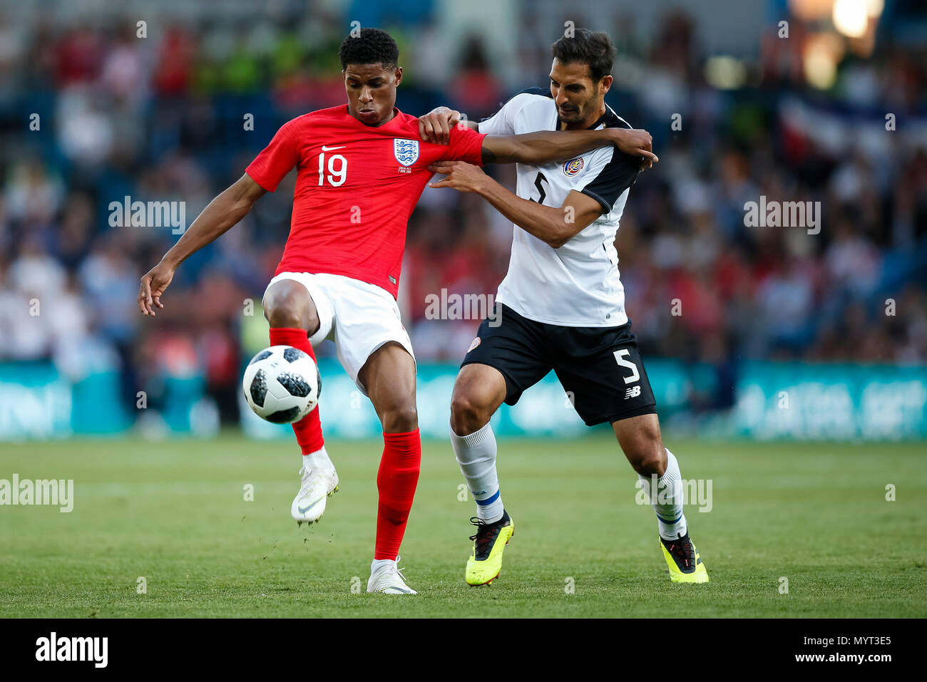 Leeds, UK. 7th Jun, 2018. Marcus Rashford of England and Celso Borges of Costa Rica during the International Friendly match between England and Costa Rica at Elland Road on June 7th 2018 in Leeds, England. (Photo by Daniel Chesterton/phcimages) Credit: PHC Images/Alamy Live News Stock Photo