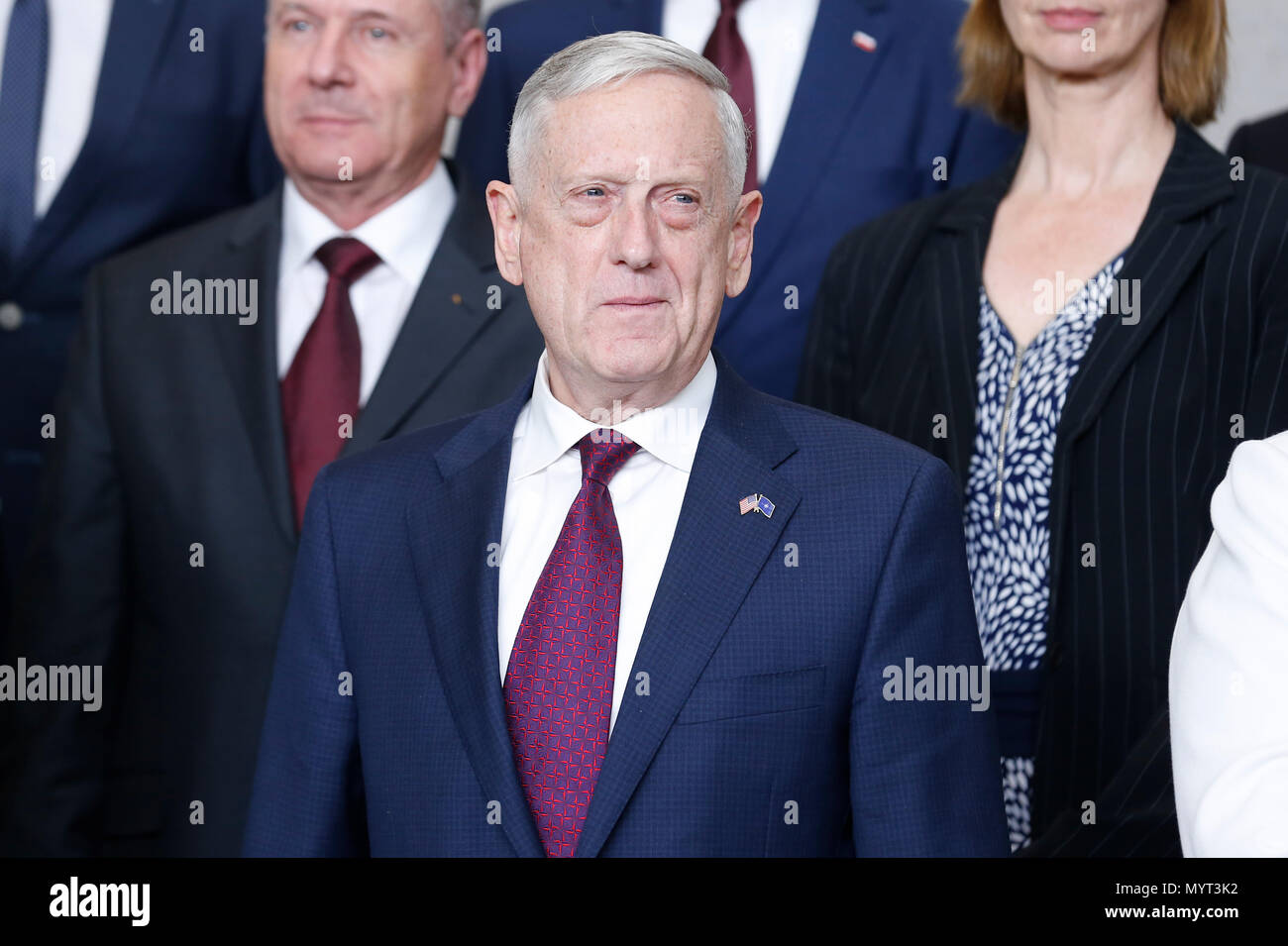 Brussels, Belgium. 7th June, 2018. U.S. Defense Secretary Jim Mattis is seen at family photo session during a NATO defense ministers meeting at its headquarters in Brussels, Belgium, June 7, 2018. Credit: Ye Pingfan/Xinhua/Alamy Live News Stock Photo