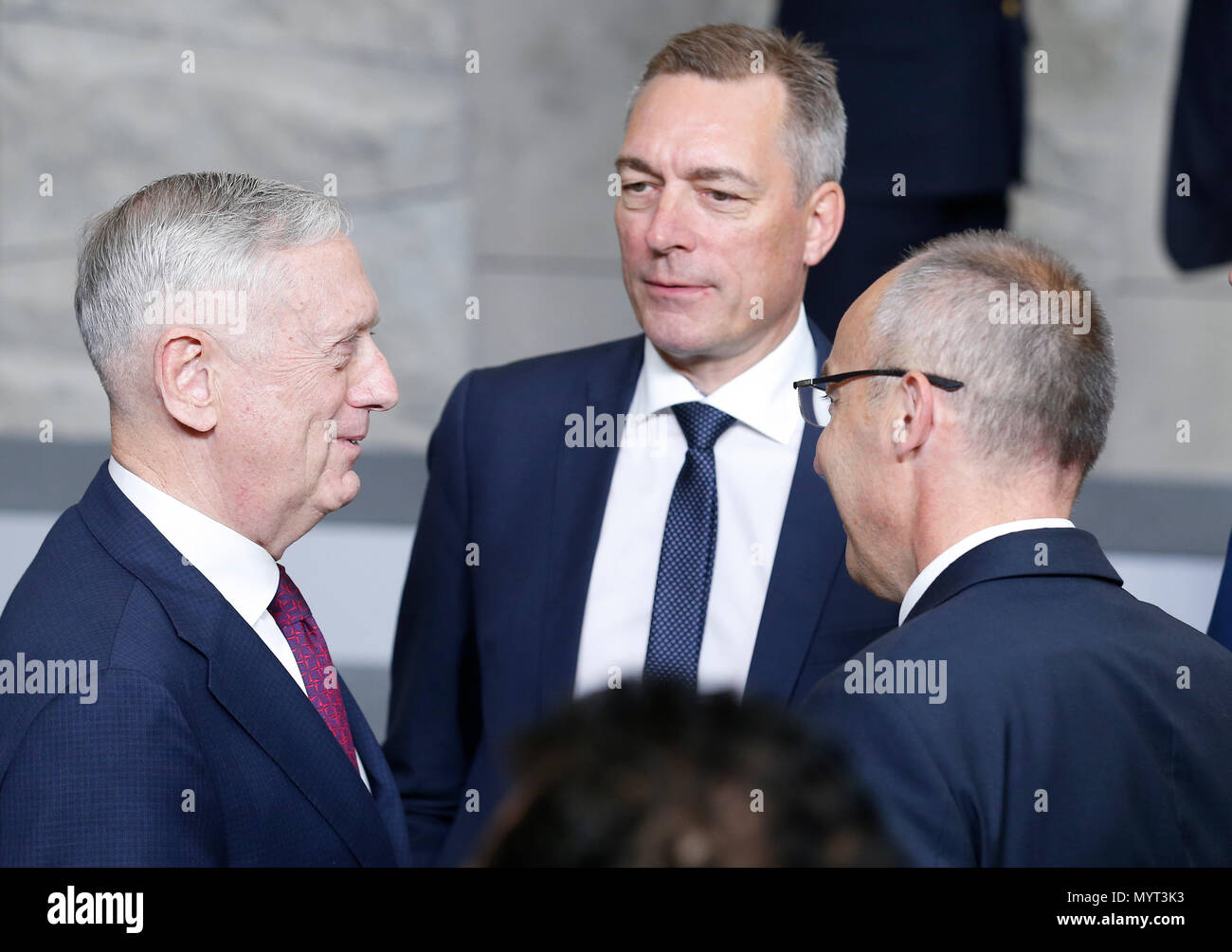 Brussels, Belgium. 7th June, 2018. U.S. Defense Secretary Jim Mattis (L) talks with Norwegian Defense Minister Frank Bakke-Jensen (C) and Croatian Defense Minister Damir Krsticevic during a NATO defense ministers meeting at its headquarters in Brussels, Belgium, June 7, 2018. Credit: Ye Pingfan/Xinhua/Alamy Live News Stock Photo