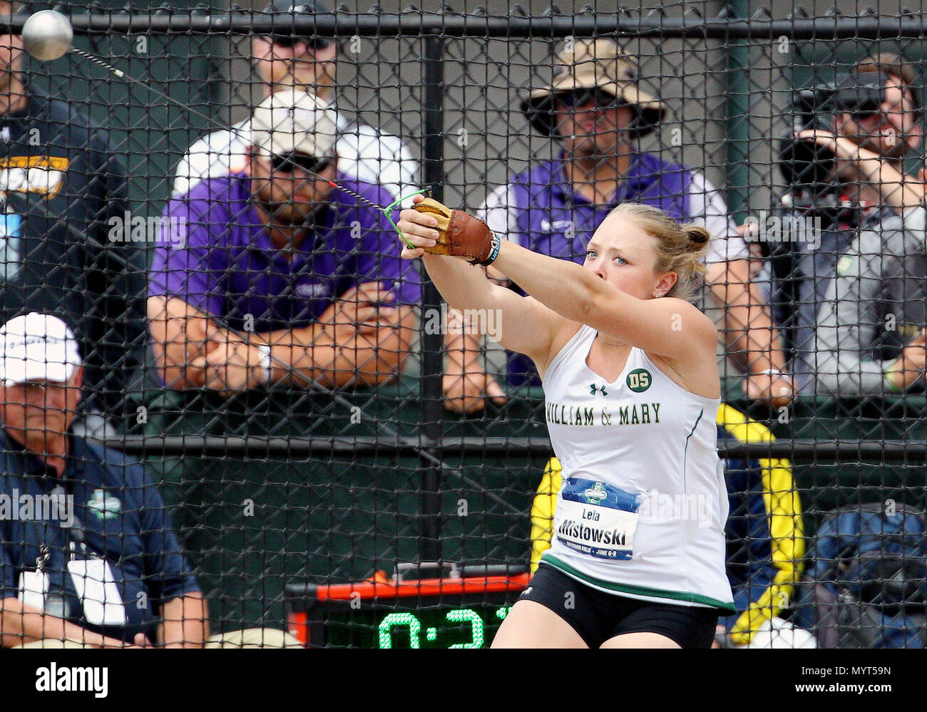 June 7, 2018. Leia Mistowski of William and Mary competes in the Women's Hammer Throw at the