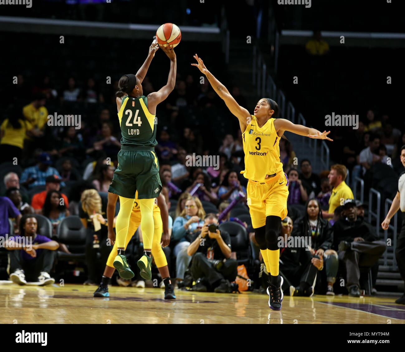 Seattle Storm guard Jewell Loyd #24 shooting over Los Angeles Sparks forward Candace Parker #3 during the Seattle Storm vs Los Angeles Sparks game at Staples Center in Los Angeles, Ca on June 7, 2018. (Photo by Jevone Moore) Stock Photo