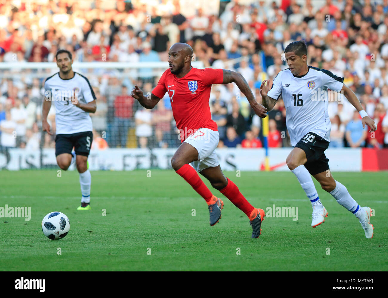 Elland Road, Leeds, UK. 7th June, 2018. International football friendly, England versus Costa Rica; Fabian Delph of England tries to get clear of Cristian Gamboa of Costa Rica Credit: Action Plus Sports/Alamy Live News Stock Photo