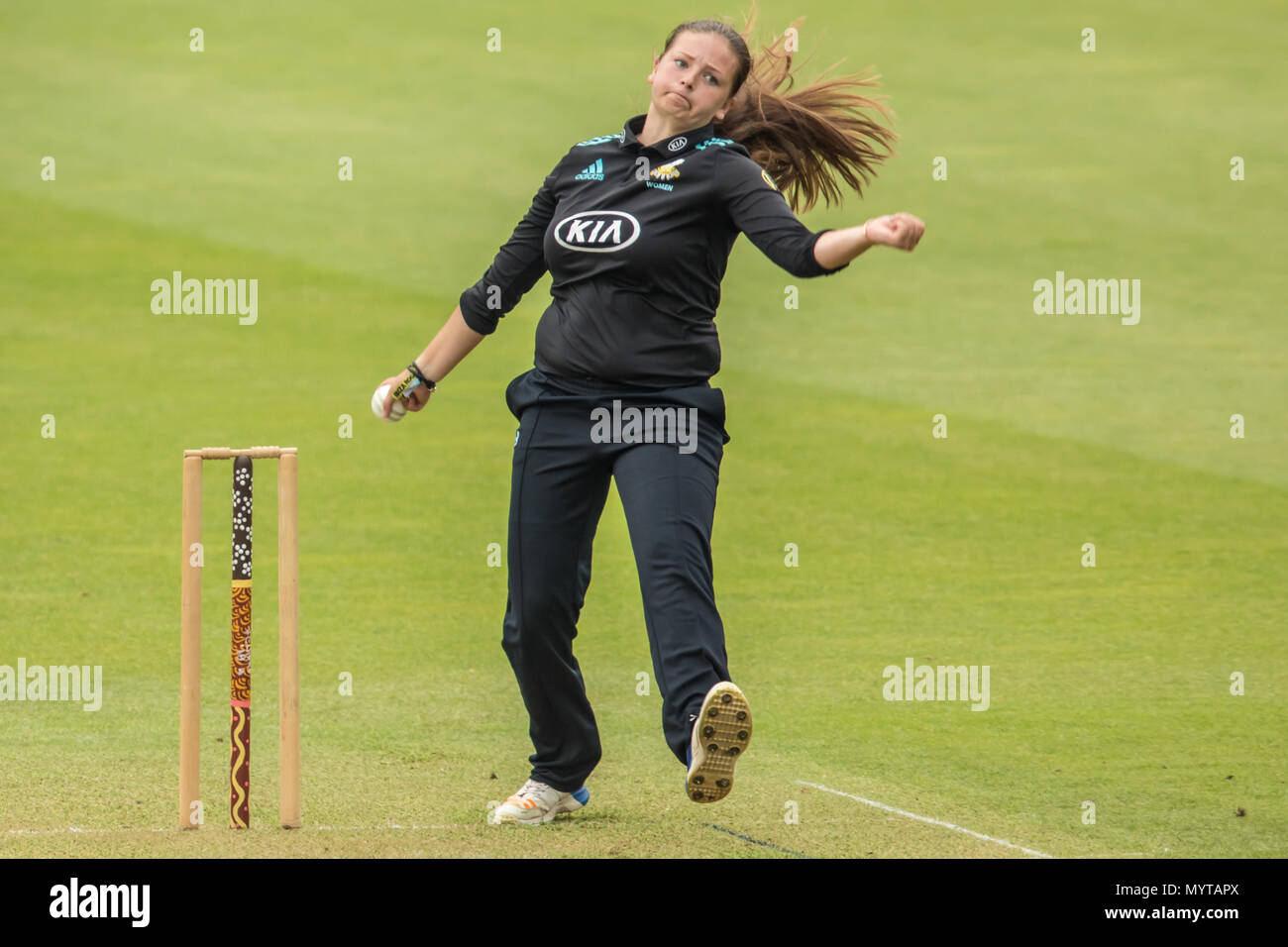 London, UK. 7 June, 2018. Molly Sellars bowling for Surrey Women against the Aboriginal XI at the Oval. The game was part of the celebration of 150 years since the first Aboriginal cricket tour to England. This is the first ever Aboriginal Womens tour to England. David Rowe/ Alamy Live News Stock Photo