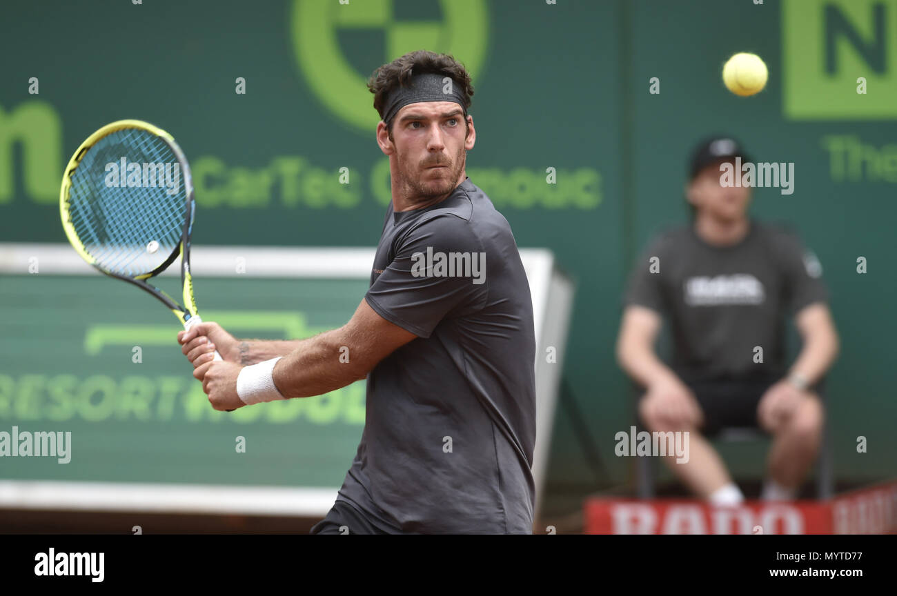 Prostejov, Czech Republic. 08th June, 2018. Austrian tennis player GERALD  MELZER in action during semifinals of the MONETA Czech Open - ATP  CHALLENGER TOUR in Prostejov, Czech Republic, on June 8, 2018.