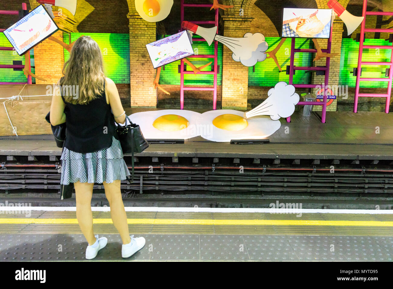 Gloucester Road Underground, London, UK, 8th June 2018. Art on the Underground present a major new commission by British artist Heather Phillipson for the disused platform at Gloucester Road Underground station. The artwork, “my name is lettie eggsyrub”, Phillipson’s first public commission in the U.K, fills the 80m platform at the station and will be on view for one year. The year long programme is part of the Mayor of London's #BehindEveryGreatCity campaign and features exclusively female artists. Credit: Imageplotter News and Sports/Alamy Live News Stock Photo