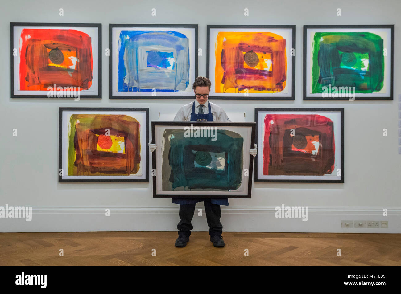 London, UK. 8th Jun, 2018. The 'For Alan' Series, part of Working on Paper by Howard Hodgkin, est £15-7,000 each - Modern & Post-War British Art, part of Modern British Art Week Sotheby’s New Bond Street, London, on 12-13 June 2018. Credit: Guy Bell/Alamy Live News Stock Photo