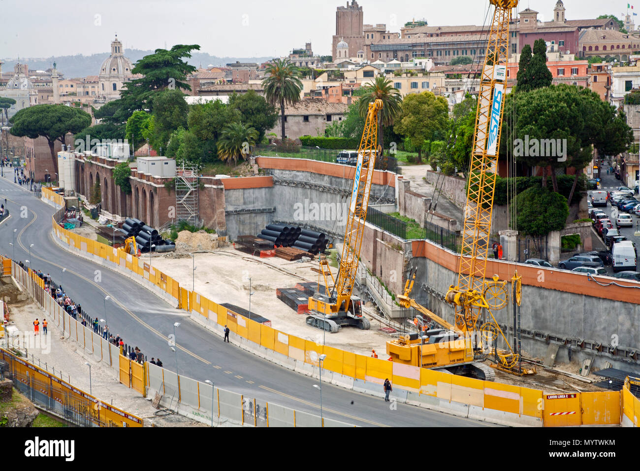 May 11, 2016: Rome, Italy- the construction of a transportation system being built on a roadway Stock Photo