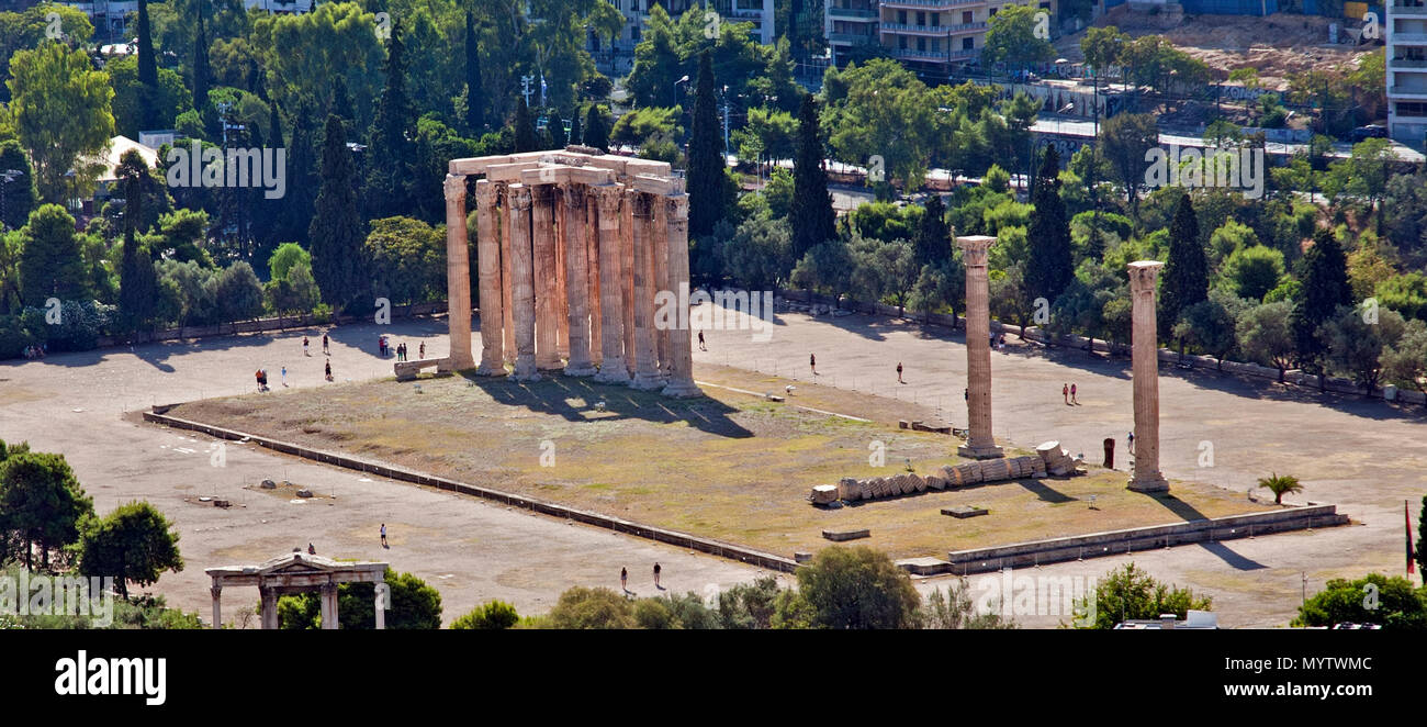 August 31, 2014- Athens, Greece: Panorama of Greek Temple of Zeus view from afar, columns and pillars Stock Photo