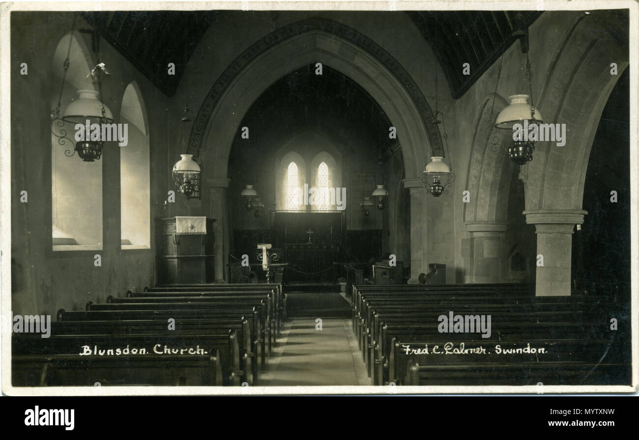 . English 1927 postcard of the interior of Blunsdon church, near