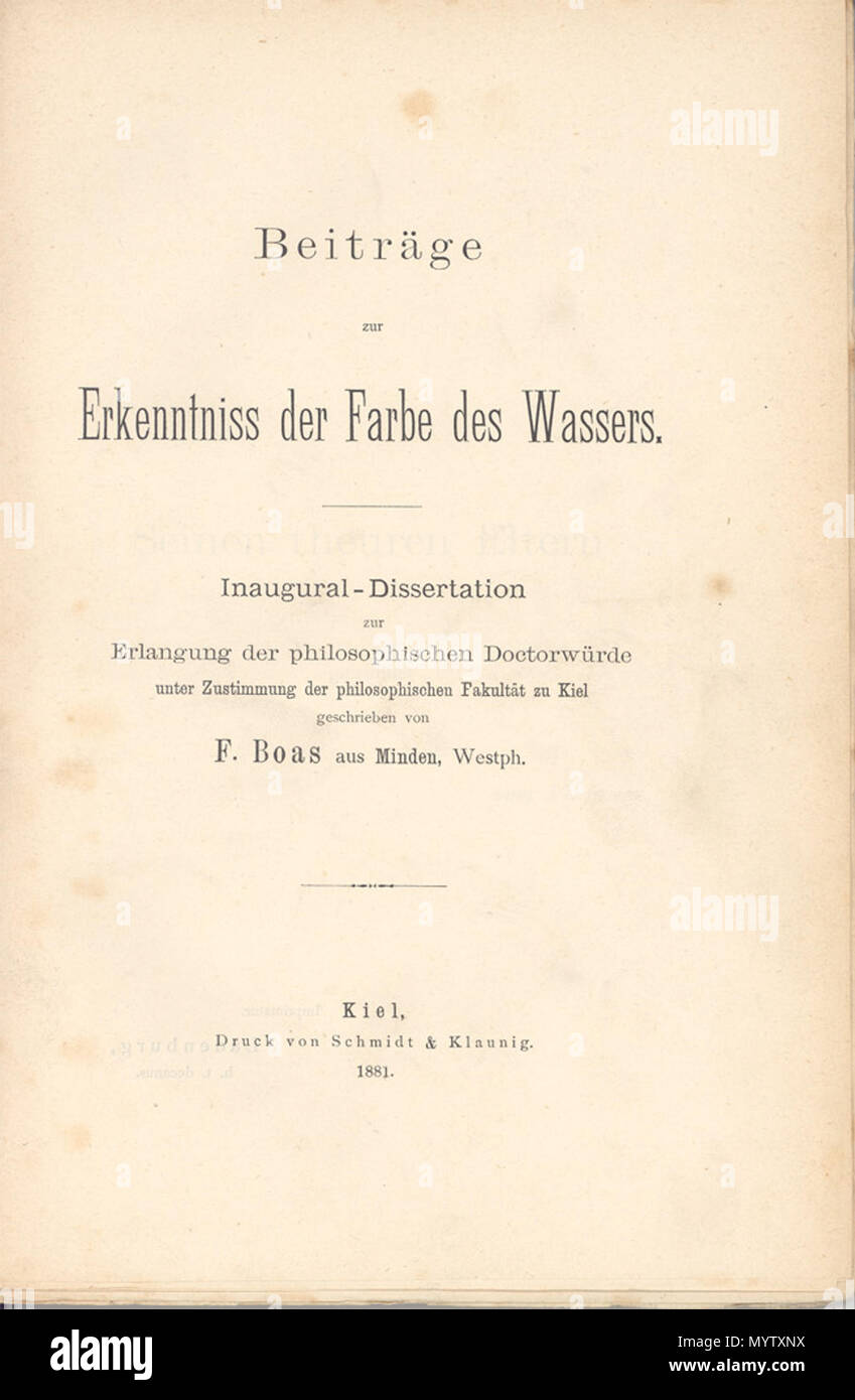 . English: Franz Boas: Beiträge zur Erkenntniss der Farbe des Wassers. Dissertation, Kiel 1881  . 1881. Franz Boas (1858-1942) 15 Boas1881 Stock Photo
