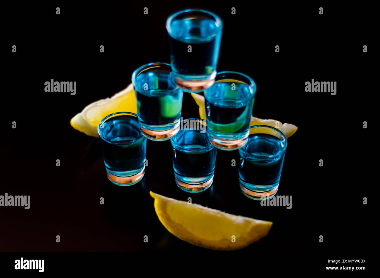Popular drink shot kamikaze based on vodka blue curacao and lemon juice refreshing drink party night Stock Photo Alamy