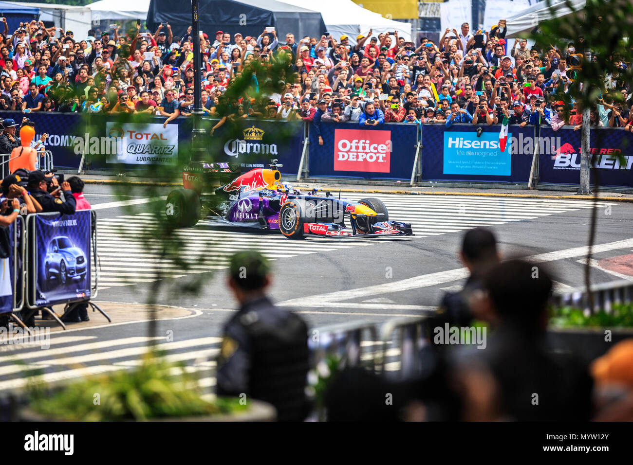 Mexico City, Mexico - June 27, 2015: Carlos Sainz driving around the Mexico City Zocalo Square, at the Infiniti Red Bull Racing F1 Showrun. Stock Photo