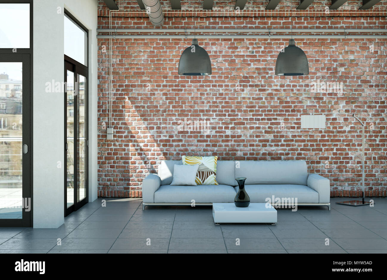 Modern minimalist living room interior in loft design style with sofas ...