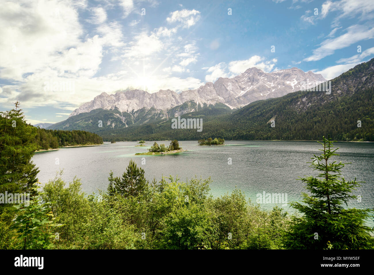 View to lake Eibsee and Zugspitze, Germany`s highest mountain in the ...