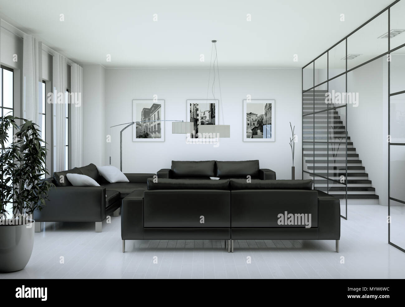 Modern minimalist living room interior in loft design style with sofas