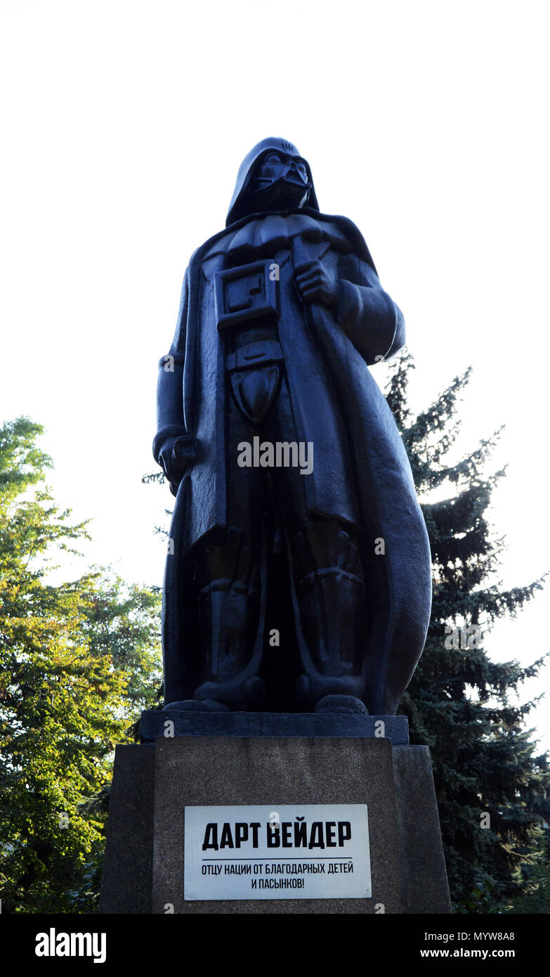 An old Lenin statue in Odessa, Ukraine was transformed into Darth Vader. Stock Photo