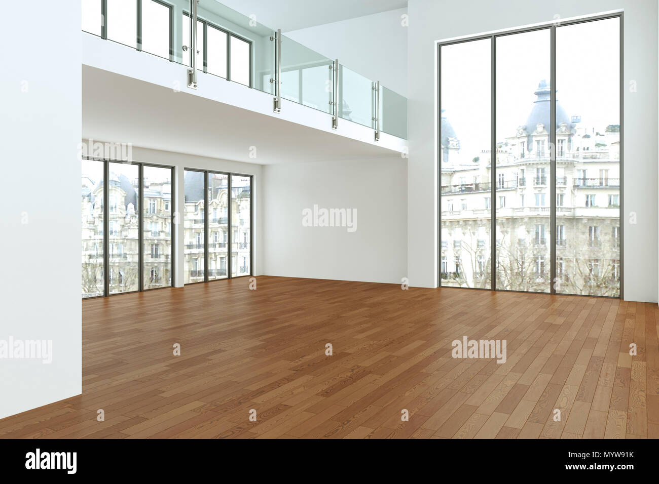 Empty Loft Room With White Walls Big Windows And Wooden Floor Stock Photo Alamy