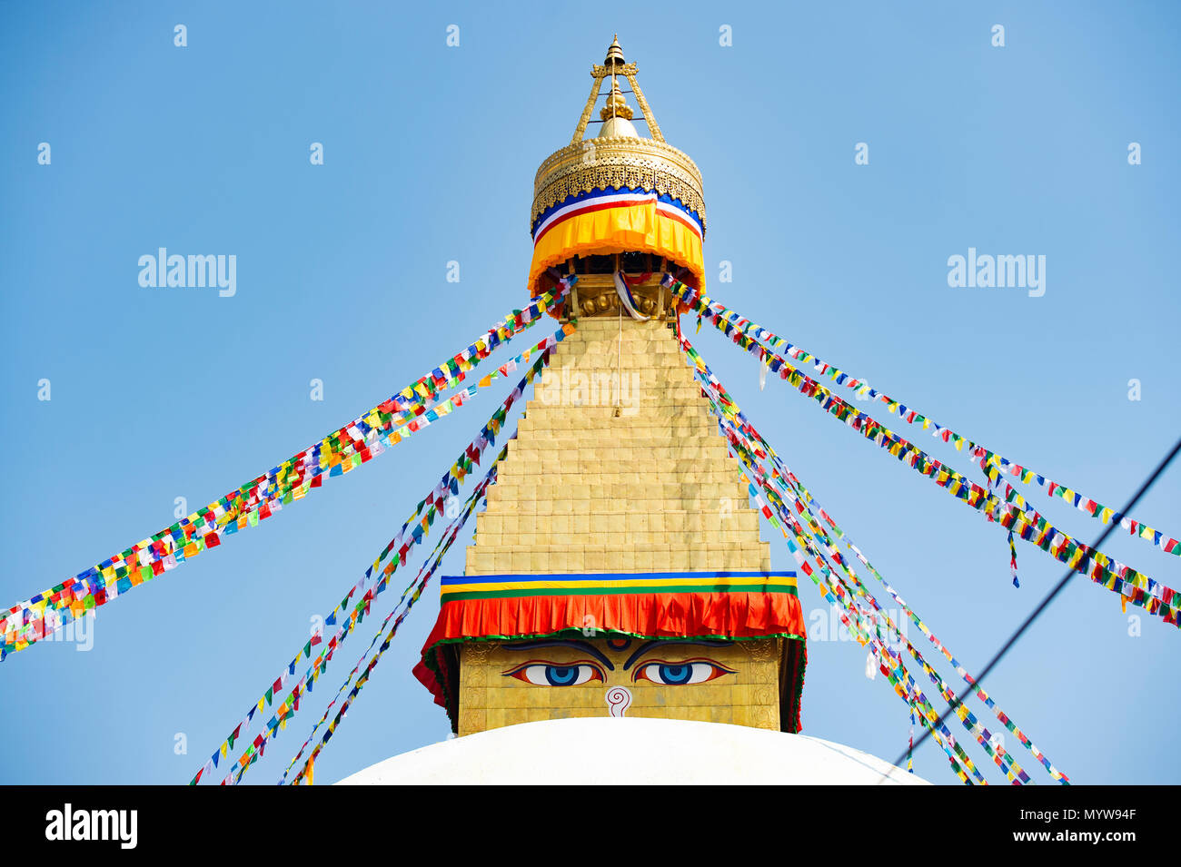 Wisdom eye on a Swayambhunath Stupa also known as Monkey Temple. Swayambhunath Stupa is an ancient religious architecture atop a hill in the Kathmandu Stock Photo