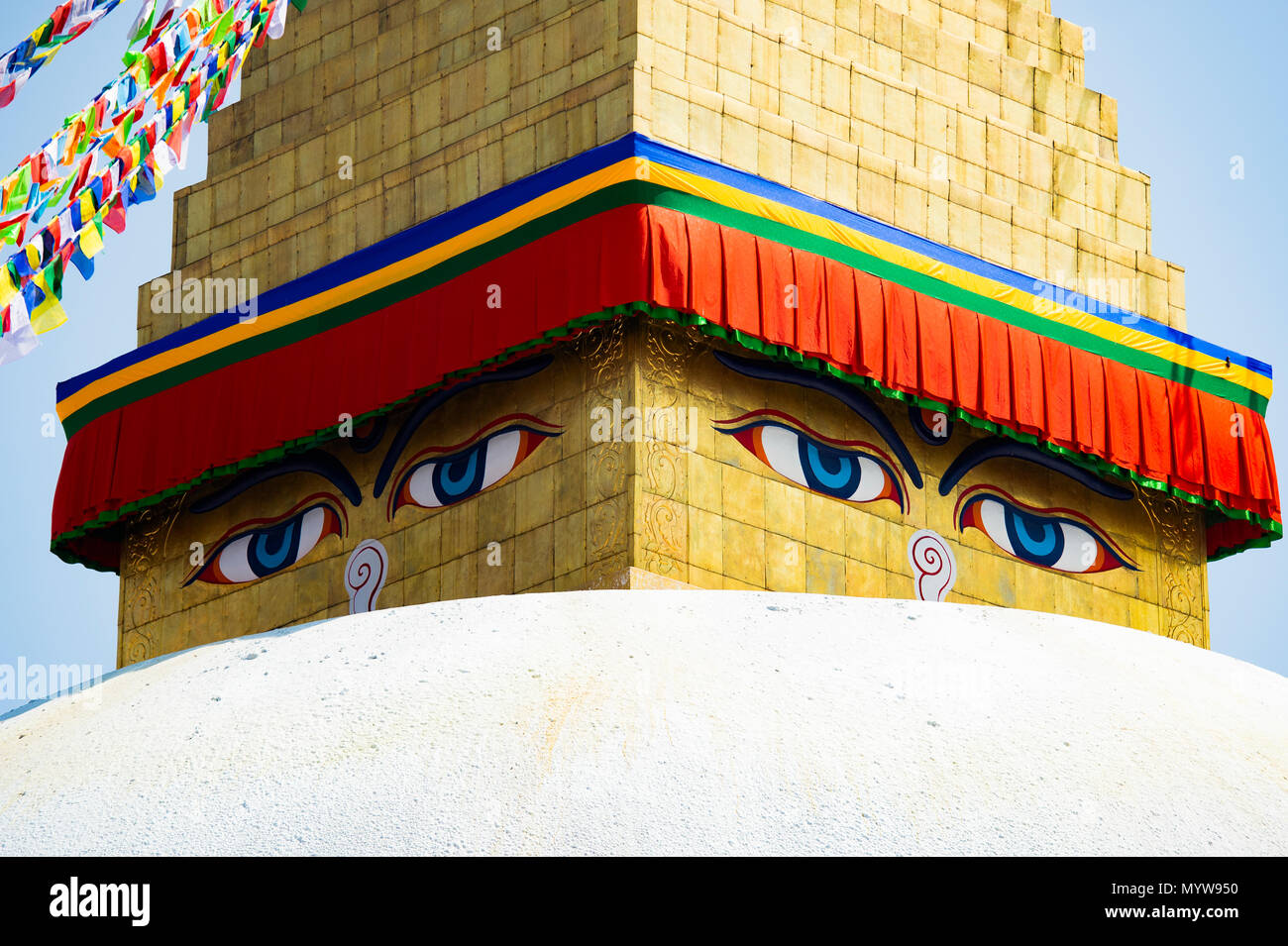Close-up view of wisdom eye on a Swayambhunath Stupa also known as Monkey Temple. Swayambhunath Stupa is an ancient religious architecture atop a hill Stock Photo