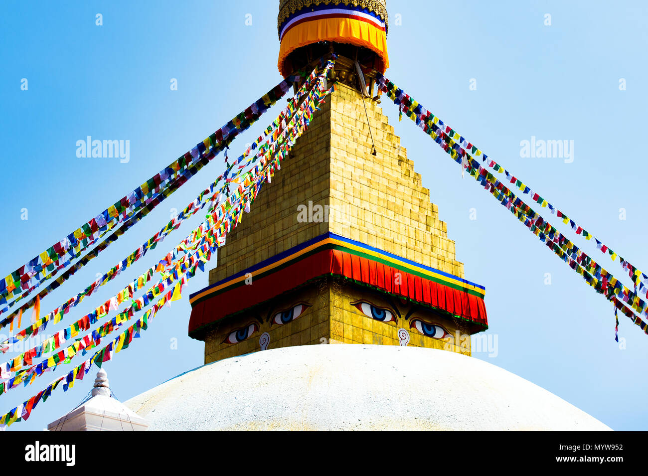 Wisdom eye on a Swayambhunath Stupa also known as Monkey Temple. Swayambhunath Stupa is an ancient religious architecture atop a hill in the Kathmandu Stock Photo