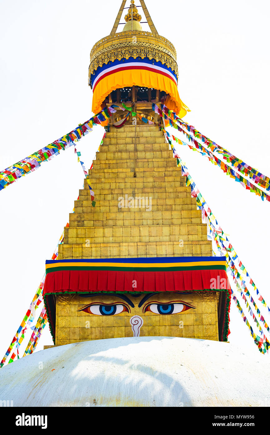 Wisdom eye on a Swayambhunath Stupa also known as Monkey Temple. Swayambhunath Stupa is an ancient religious architecture atop a hill in the Kathmandu Stock Photo