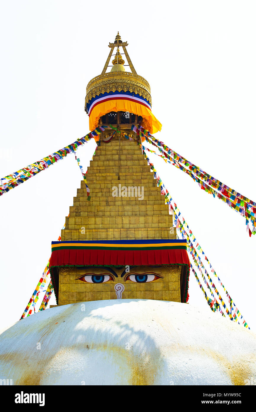 Wisdom eye on a Swayambhunath Stupa also known as Monkey Temple. Swayambhunath Stupa is an ancient religious architecture atop a hill in the Kathmandu Stock Photo