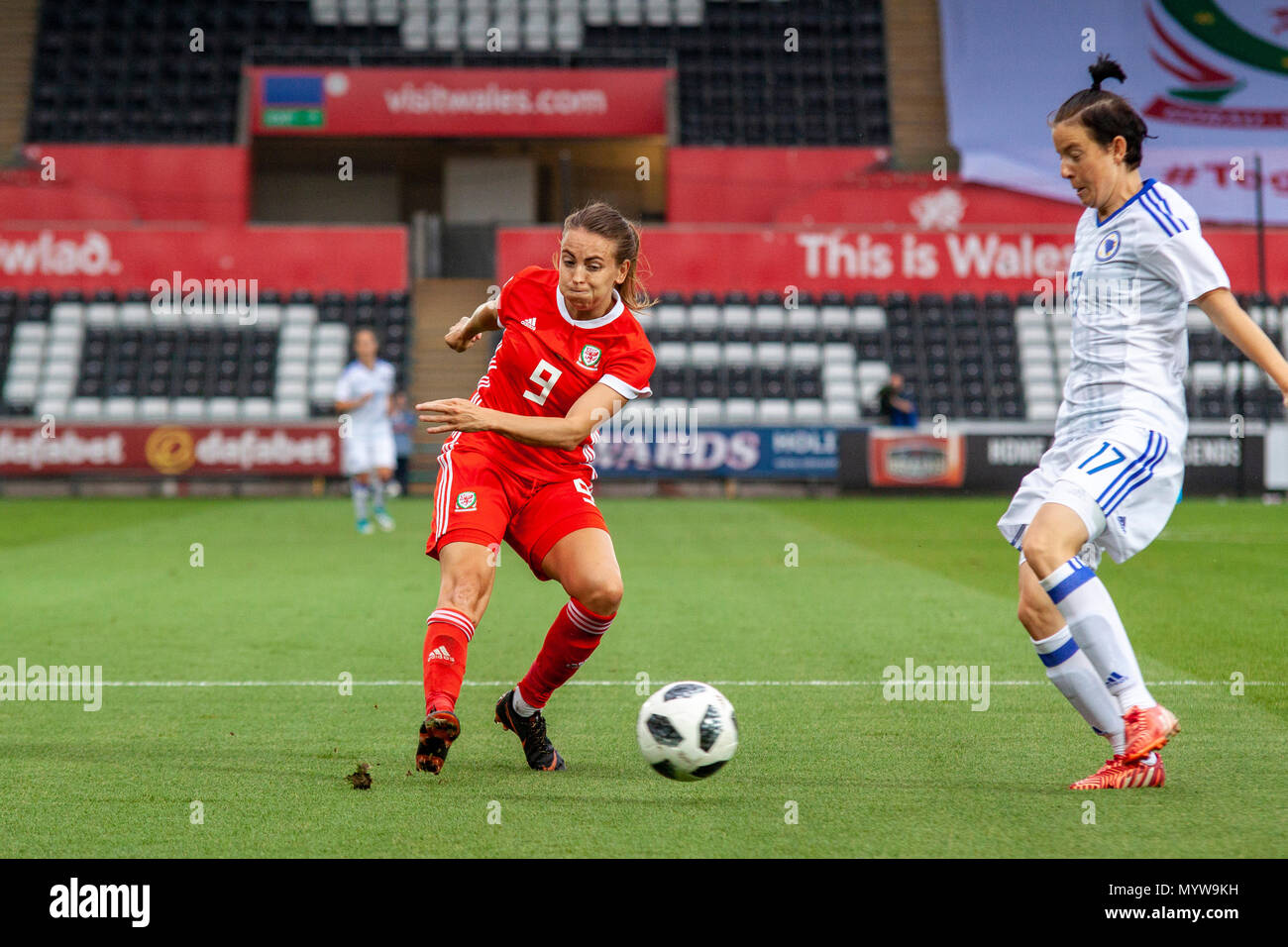 Swansea, Wales, UK. 7th June, 2018. Kayleigh Green scores against Bosnia-Herzegovina at the Liberty Stadium. Lewis Mitchell/Alamy Live News. Stock Photo