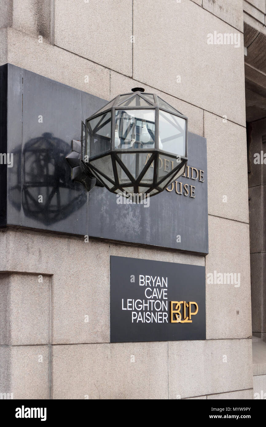 Nameplate of international law firm Bryan Cave Leighton Paisner outside its London headquarters offices at Adelaide House in the City of London EC4 Stock Photo