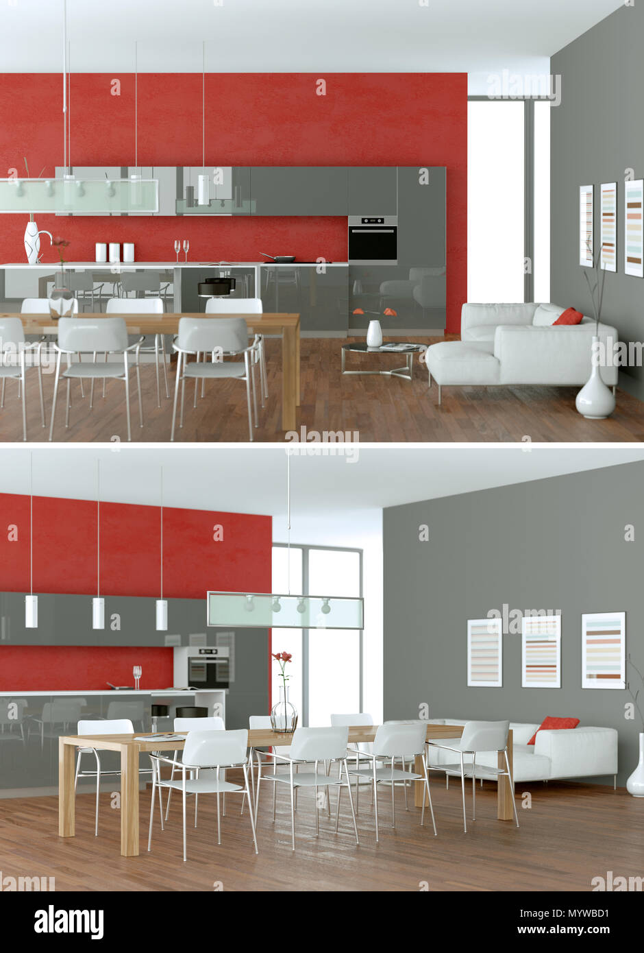 Two views of modern red kitchen Interior design Stock Photo Alamy
